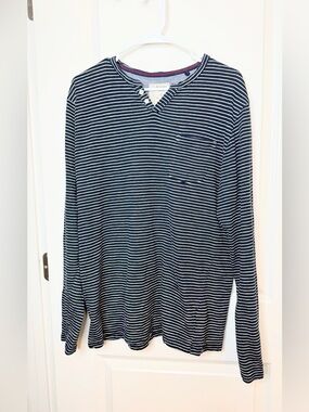 Genuine Goods Men’s XXL Striped Henley Shirt Navy White Pocket Long Sleeve